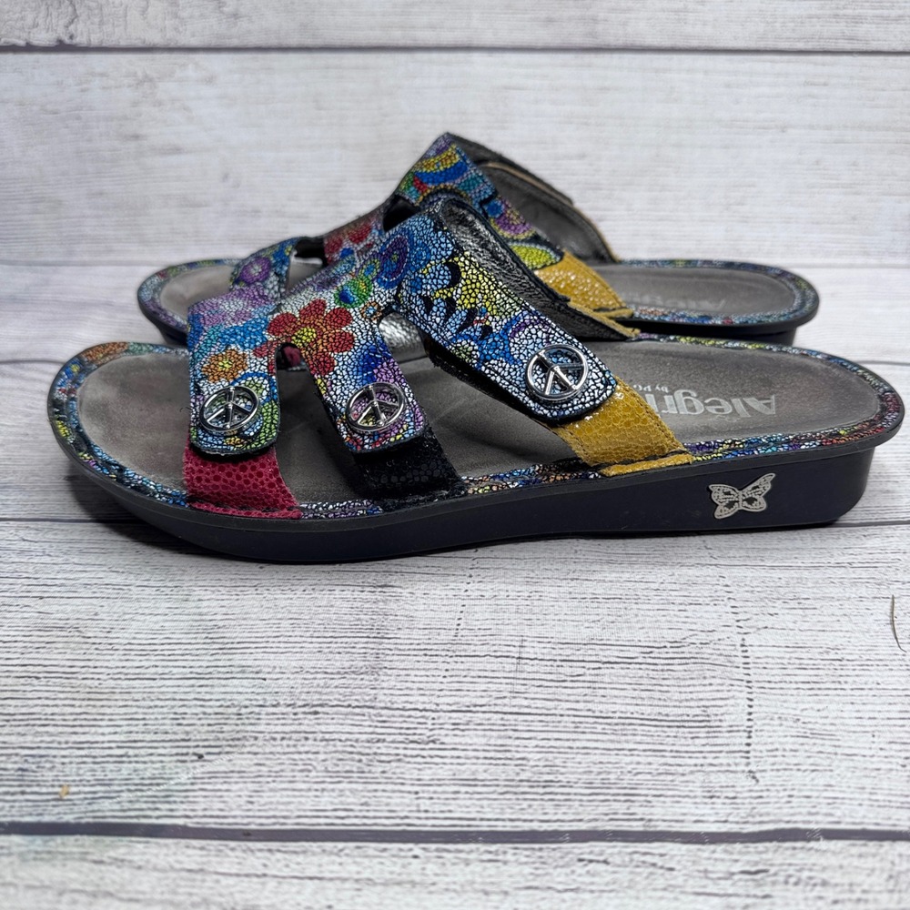 Alegria Women Multicolor Mosaic Floral Leather Peace Sign Slide Sandals Size 39